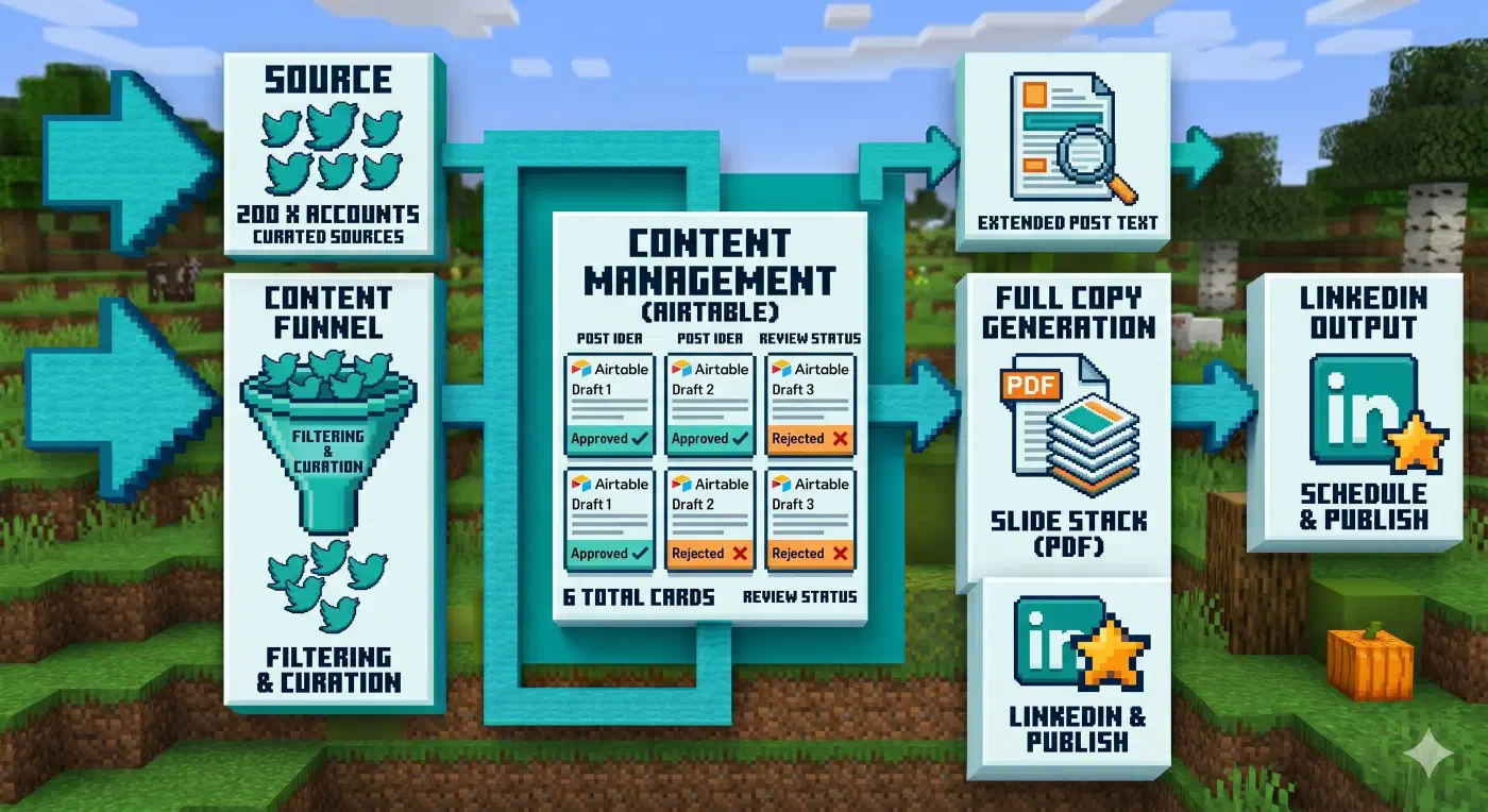 A diagram showing the content pipeline flow: X posts feed into Airtable for review, then get extended copy, PDF generation, and LinkedIn carousel output