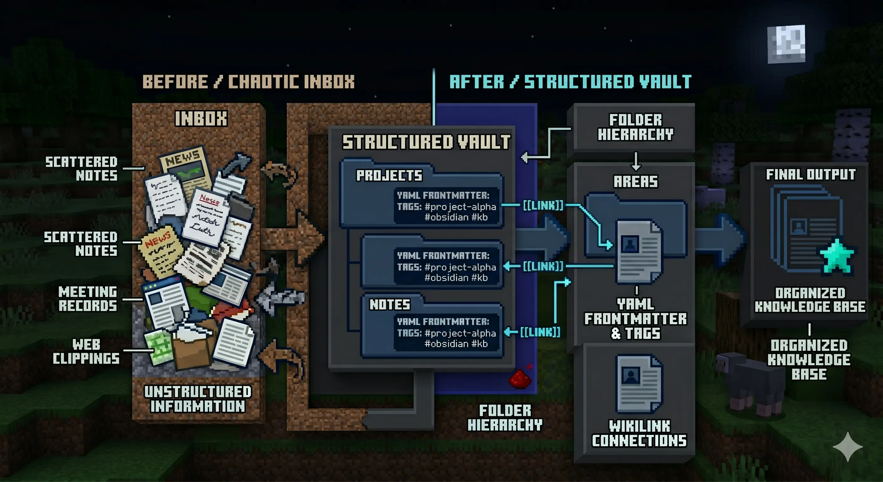 Un diagrama mostrando el procesamiento del inbox de Obsidian: notas crudas entran, la IA las organiza en carpetas estructuradas con WikiLinks, sale un inbox limpio