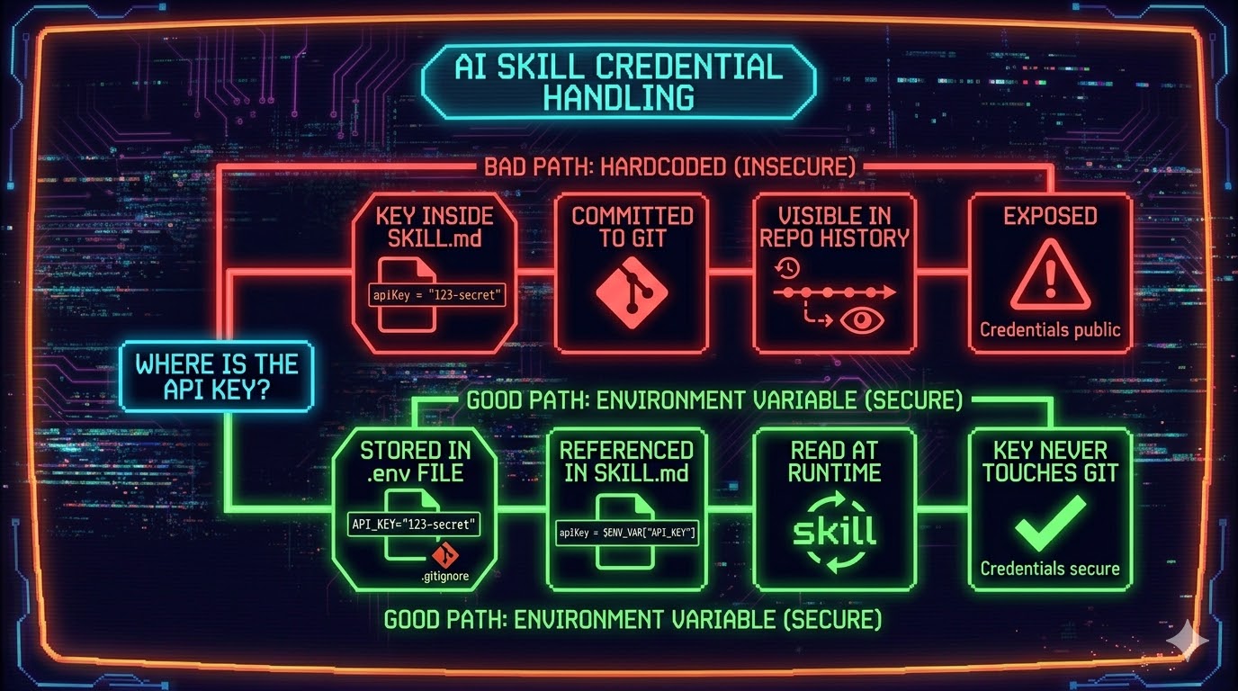 Two-path diagram showing credential handling in skills. Bad path (red): API key hardcoded directly inside SKILL.md → committed to git → visible in repo history → exposed. Good path (green): API key stored in .env file (gitignored) → referenced as $ENV_VAR in SKILL.md → skill reads env var at runtime → key never touches git. Clean, simple flow chart style.