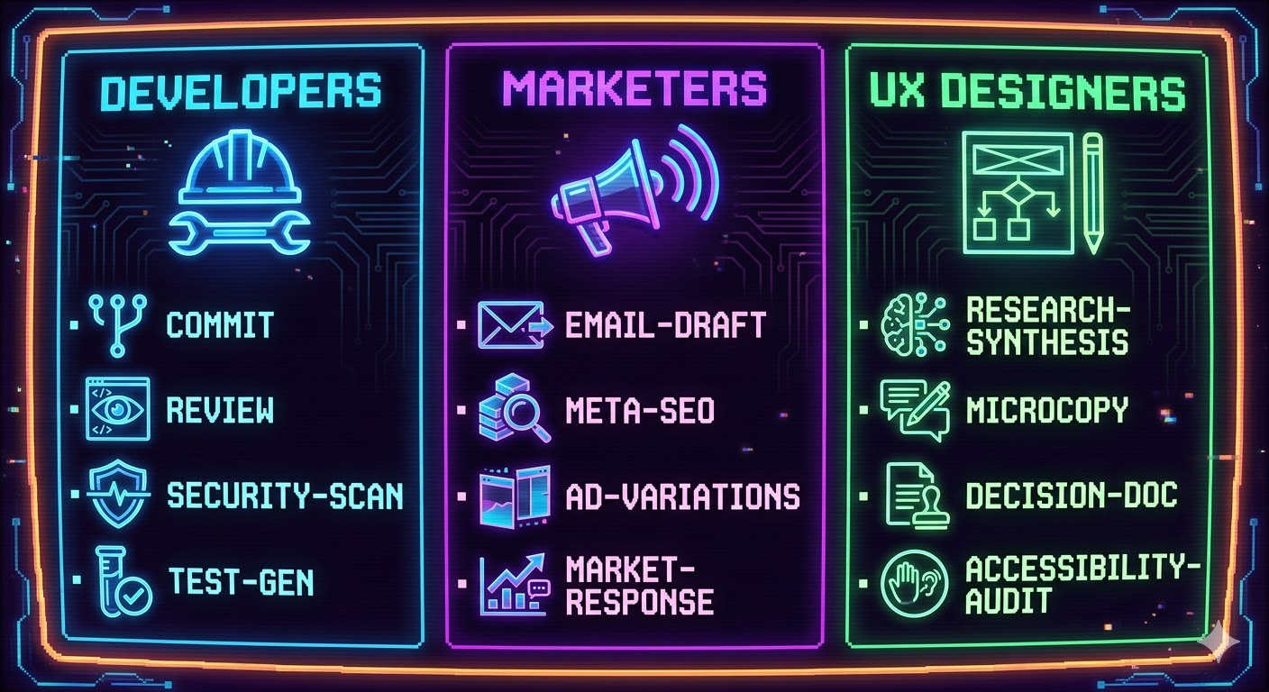 Three-column visual showing the top skills by professional niche. Left column: Developers — commit, review, security-scan, test-gen. Center column: Marketers — email-draft, meta-seo, ad-variations, market-response. Right column: UX Designers — research-synthesis, microcopy, decision-doc, accessibility-audit. Clean card layout with icons for each niche.