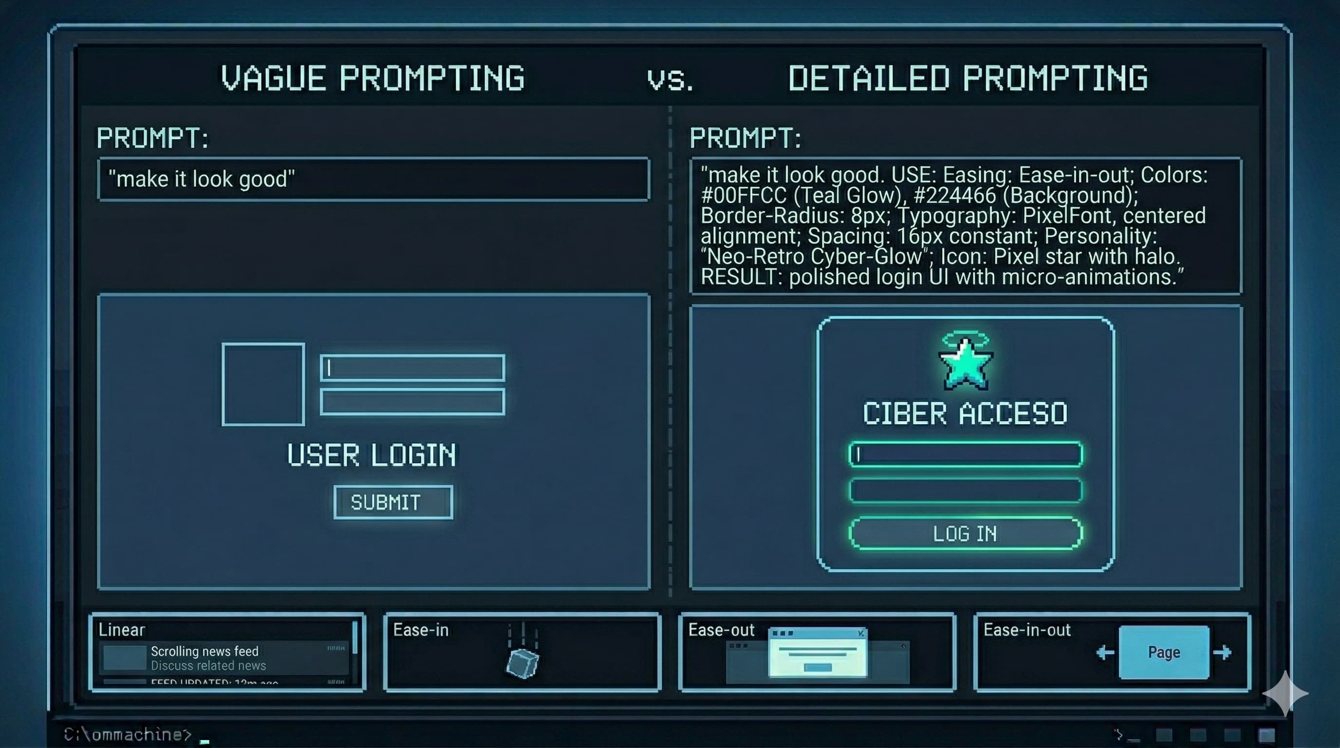 Split screen showing a vague design prompt versus a precise, detailed design prompt, with the resulting UI quality difference visible below each