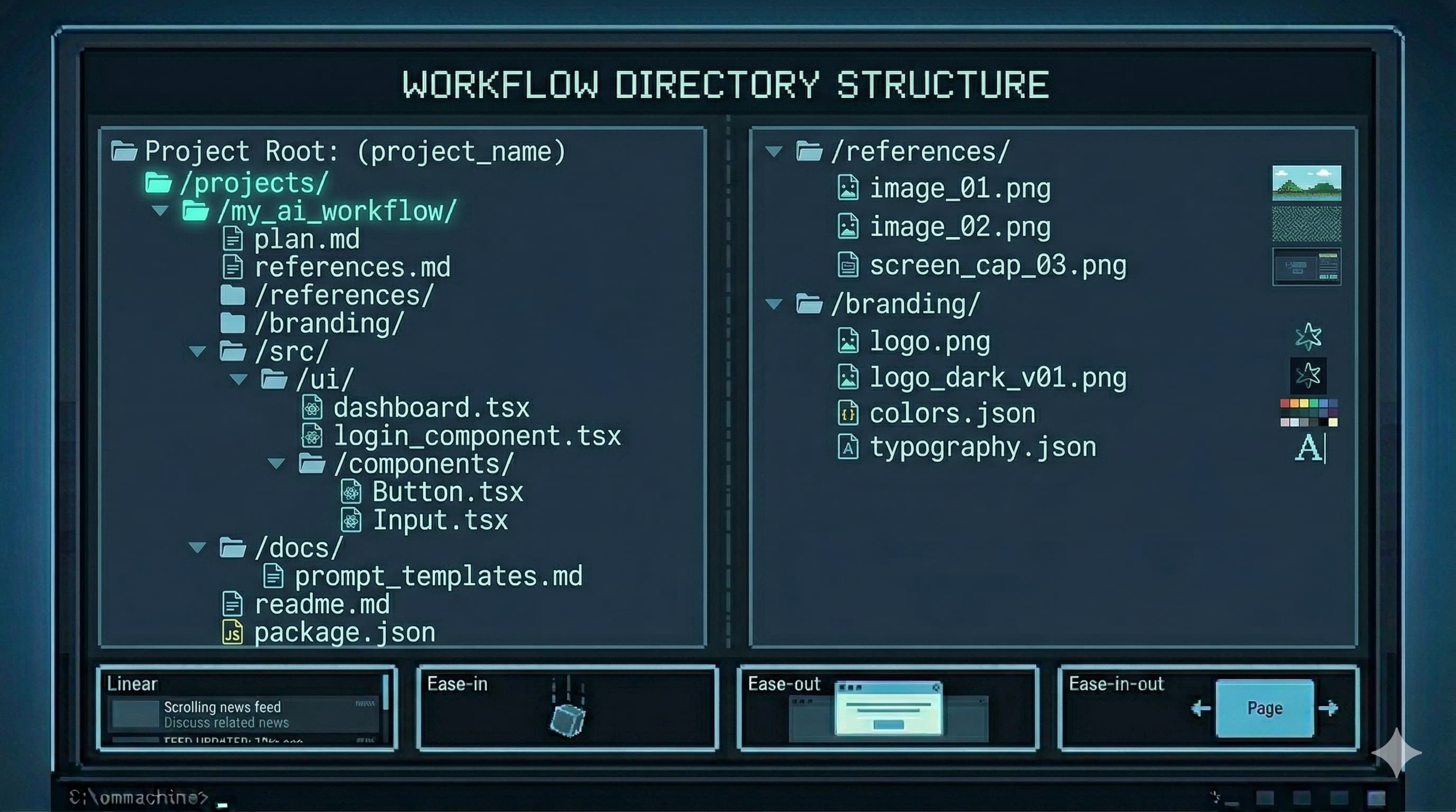 Directory structure showing plan.md, references.md, a references folder with screenshots, and a branding folder, the scaffolding for a well-structured vibe coding workflow