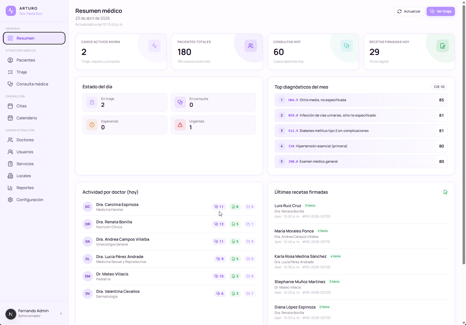 ArturoMed navigation sidebar showing the platform's modules: overview, appointments, calendar, doctors, services, locations, reports, and settings