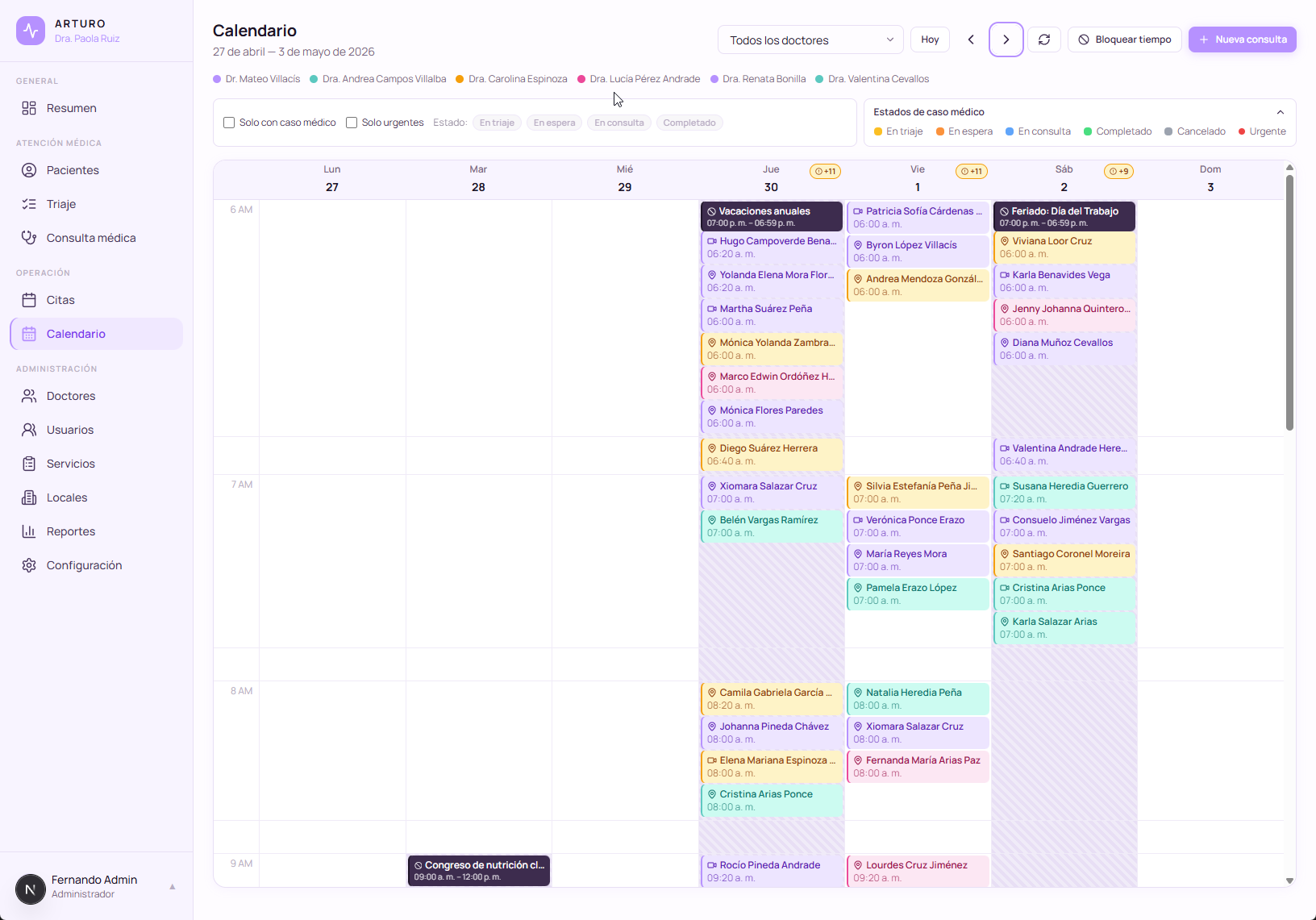 Calendar view of the medical system with color-coded appointment blocks and time-blocking feature