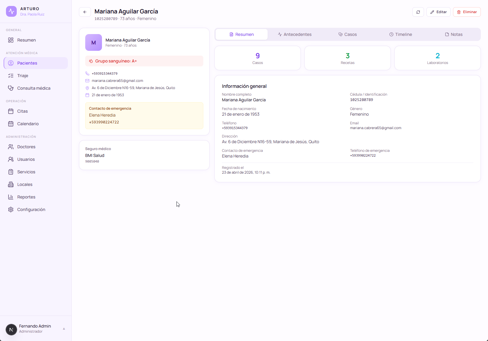 Patient module inside ArturoMed showing clinical history, personal data, and appointment records