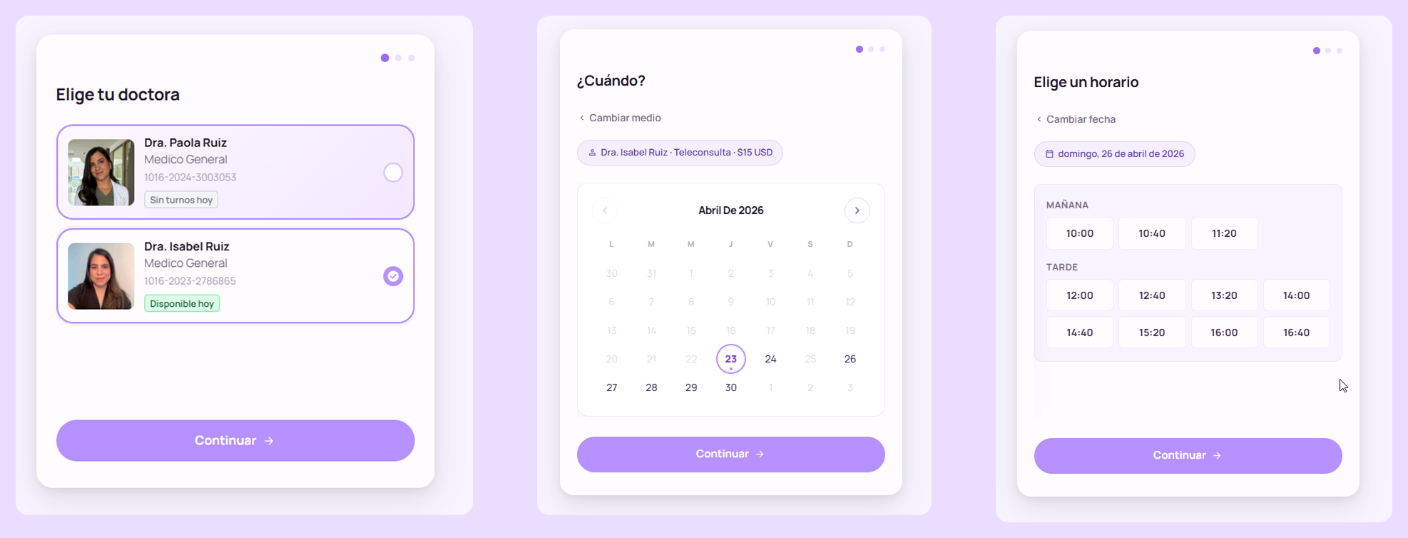 Appointment scheduling flow from service selection to confirmation screen