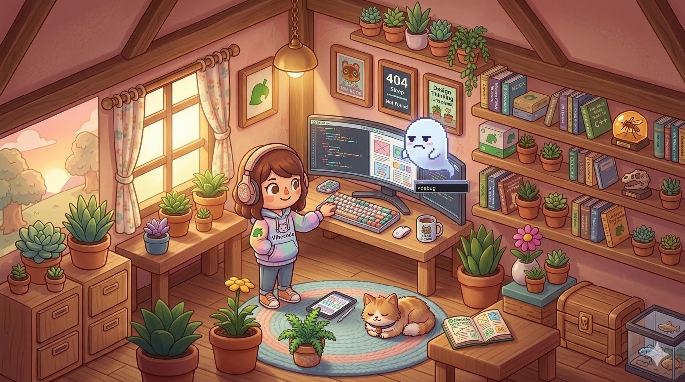 Illustration of code that looks functional but contains references to non-existent libraries, with a ghost hovering over the editor