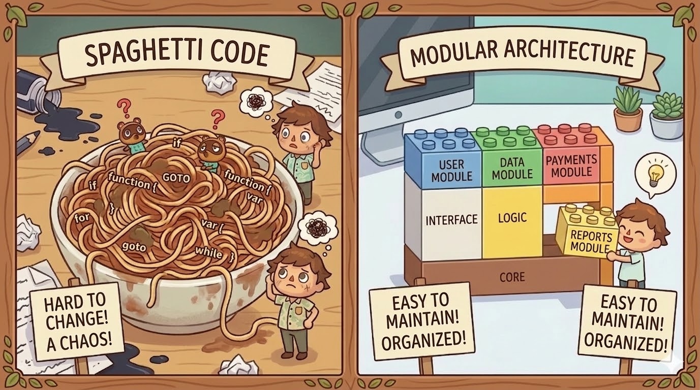 Visual comparison: spaghetti code (tangled pasta plate) vs modular architecture (ordered, stackable lego pieces)